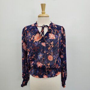 Rachel Zoe Womens Long Sleeve Floral Print Blouse Top Size XS Blue Smocked Waist